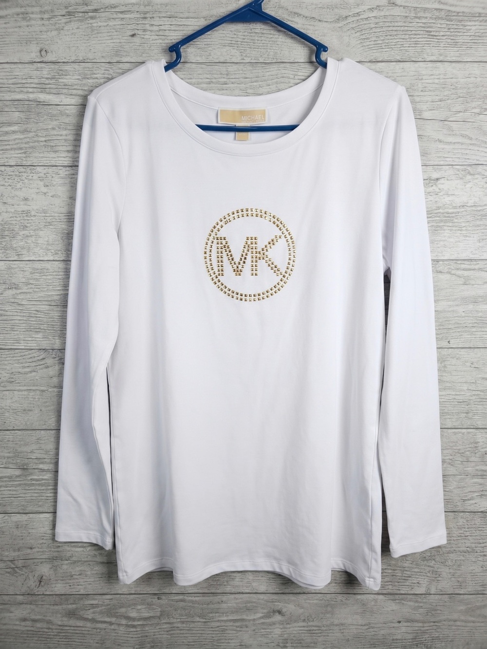 Michael Kors White Long Sleeve Tee with Gold MK Stud Logo